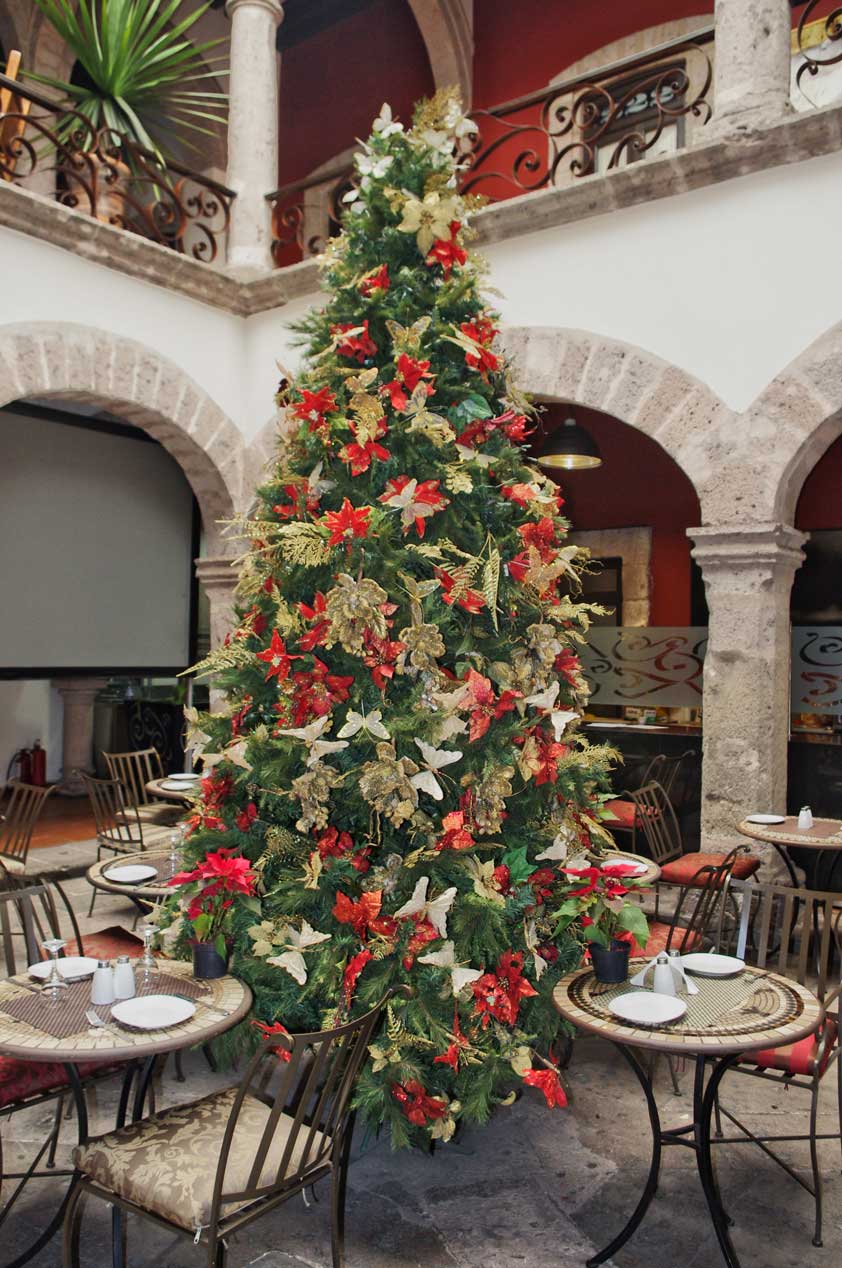 A Christmas Tree in a colonial atrium of the XX hotel in Centro Morelia.
