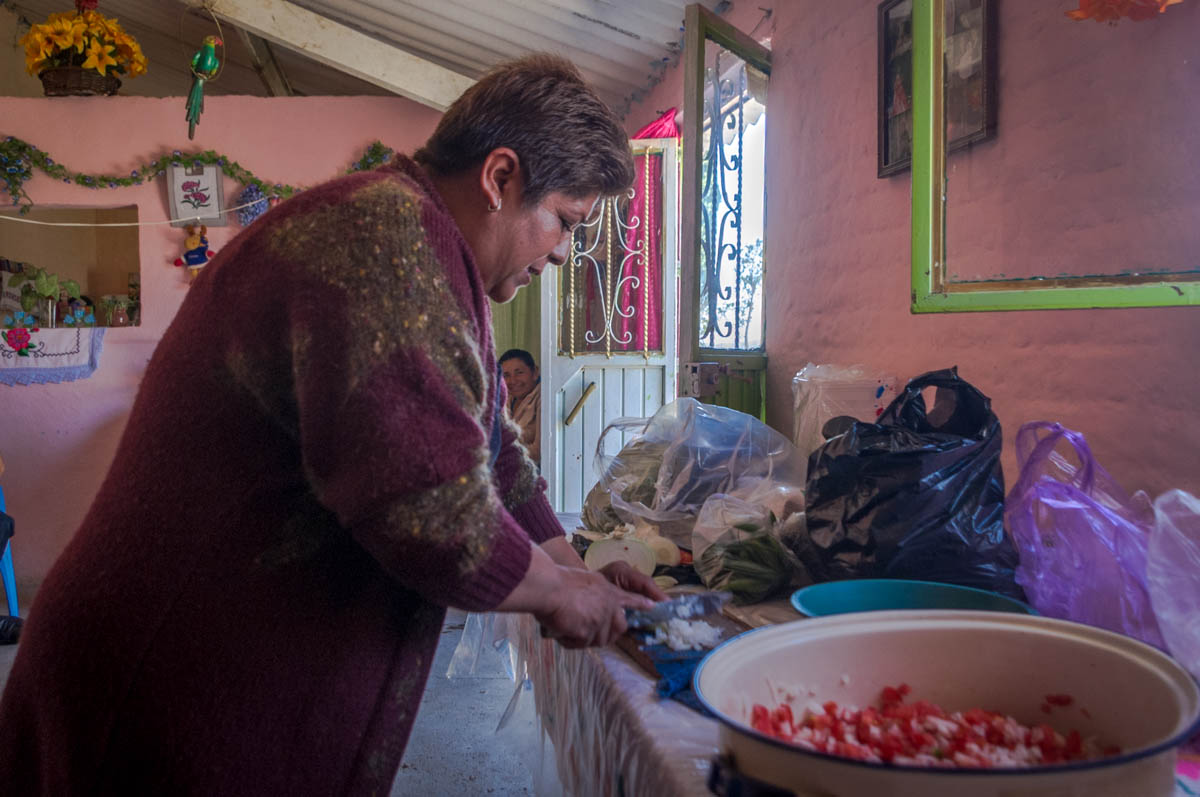 Carmen chopping onions for the guacamole