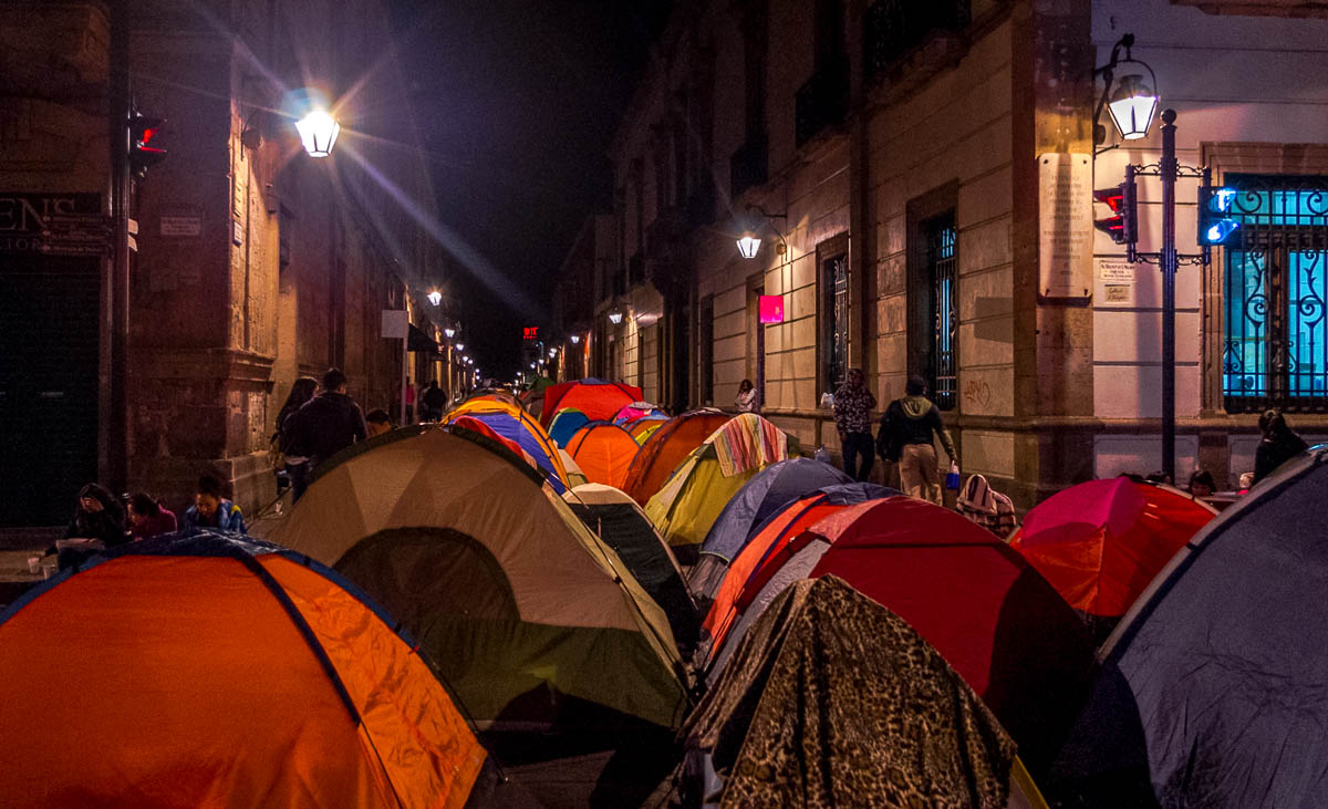 Tents of student protesters in Centro, Morelia