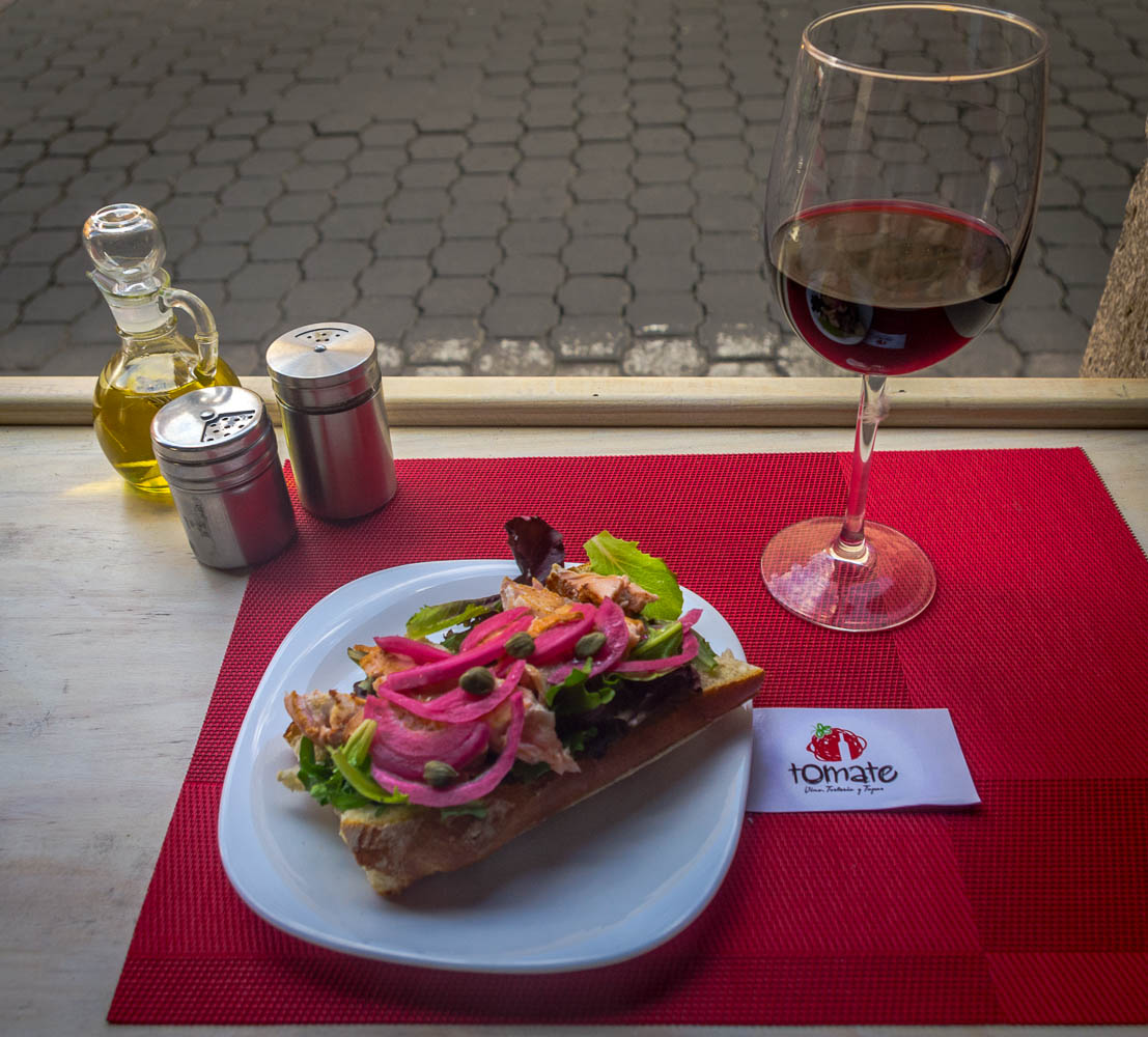 Open-faced smoked salmon sandwich with a glass of malbec on the